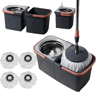 *NEW* SWISSPACK Revolving Spin Mop and Bucket With .4. Extra Pads Perfect For Easy Cleaning. Clean and Dirty Water Separtered For Perfect Finish (ORANGE-GREY)
