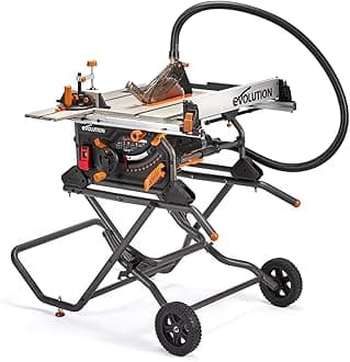 Evolution Power Tools R255TBLX+ Table Saw With Stand (Next Gen Rage 5-S) Multi-Material Cutting Blade Included Cuts Wood Metal Plastic, 45˚ Bevel, +/- 60˚ Mitre Angle, 85mm Cut Depth, 1800w Motor 240v