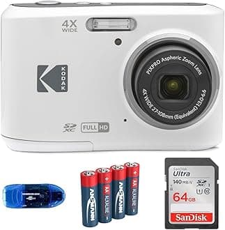 KODAK Pixpro FZ45 Digital Camera Bundle, Includes: SanDisk 64GB SDXC Memory Card, Spare Batteries and Card Reader (4 Items) (White)