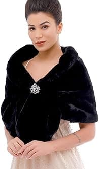 Aukmla Women's Wedding Faux Fur Wraps and Shawls Bridal Fur Stoles Scarf with Rhinestones Brooch for Bride and Bridesmaids