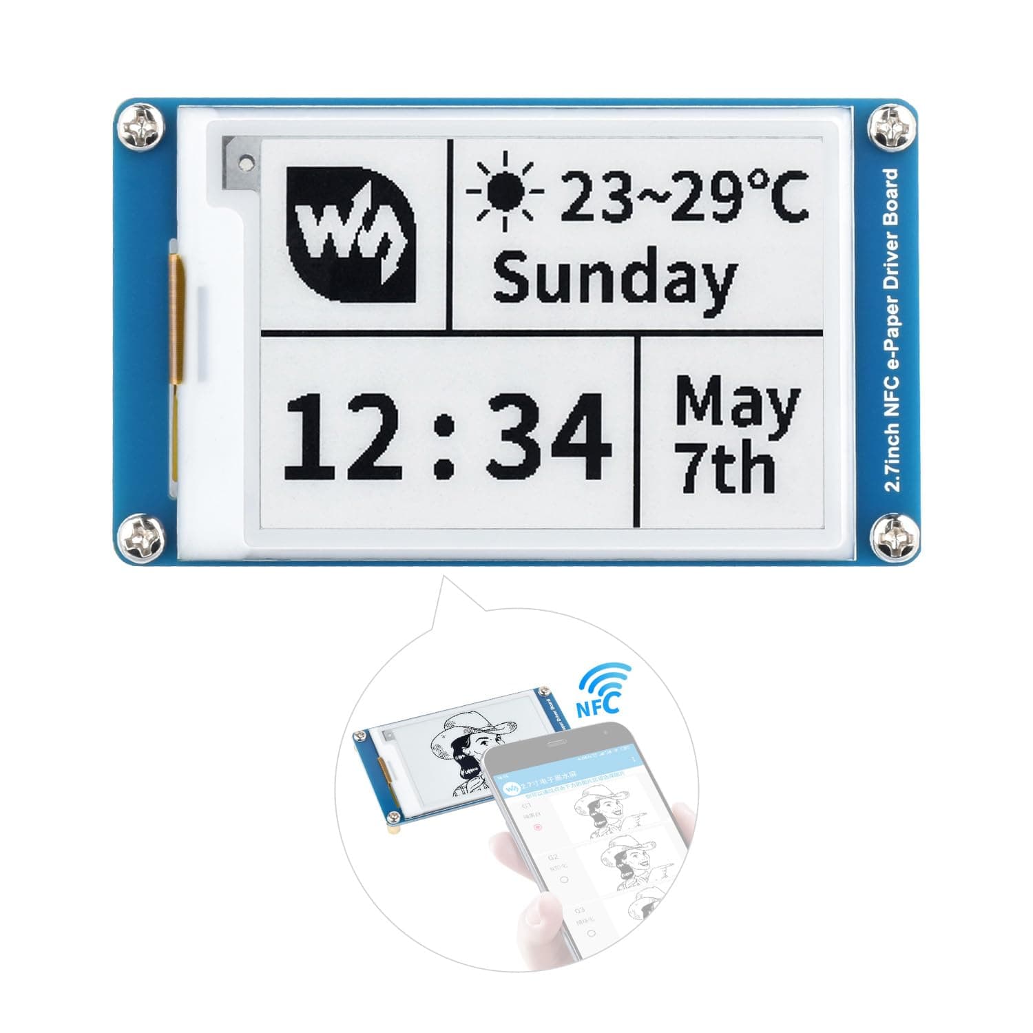 2.7inch Passive-Powered E-Paper Module, Novel Passive NFC Technology, No Battery Required, No More Battery Life Trouble, Black and White Display Colors