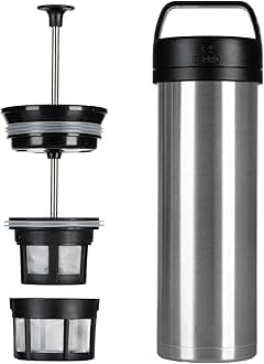 P0 Ultralight Travel Cafetiere French Press Vacuum Insulated Stainless Steel Dishwasher Safe, 16 Ounces, Brushed Stainless Steel
