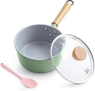 ROCKURWOKCeramic Nonstick Sauce Pan, 2 Quart Cooking Pot, Small Saucepan with Lid, PTFE & PFAS-Free, Wooden Handle for Cool Touch, Universal Base(Gas, Electric & Induction), Green