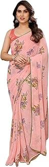 Women's Readymade Pleated Pre Drape Stitched Printed Georgette Sarees For Ladies With Lace Border & Solid Blouse(Ready To Wear One Minute Saree)