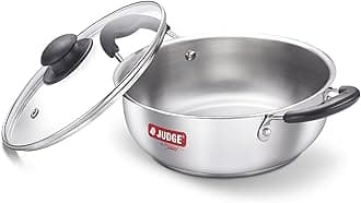 Judge by Prestige 20cm (1.9L) Classic Stainless Steel Kadai with Glass Lid | Gas and Induction Compatible |Even Heat Distribution | Sturdy Handles