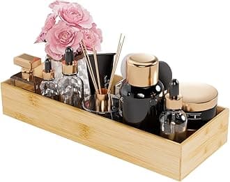 Bathroom Vanity Tray Organizer Bamboo, Small Wood Tray for Counter Kicthen Drawer, Rectangular Toilet Paper Storage Basket Box, Guest Sink Tray Decor, Bathroom Accessories 15" x 6" x 2.5"