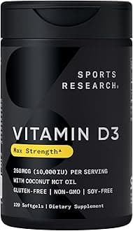 Sports Research® Vitamin D3 10,000iu (250mcg) with Coconut MCT Oil - Max Strength Vitamin D Supplement - Gluten Free · Non-GMO · Soy Free - 120 Count Softgels