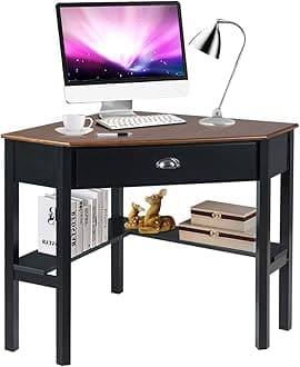 TangkulaCorner Desk, Corner Computer Desk, Wood Compact Home Office Desk, Laptop PC Table Writing Study Table, Workstation with Storage Drawer & Shelves (Coffee & Black)