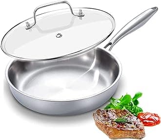 DELARLO Tri-Ply Stainless Steel Frying Pan丨9 inch Skillet with Lid丨All Cooktops Compatible Up to 600℉丨Enegry Saving丨Kitchen Egg Skillet 9" 丨Durable丨Everything Pan丨Omelet Pans for Kitchen Cooking