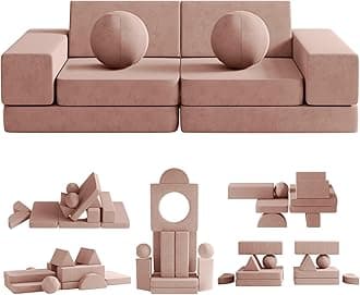 Kids Couch, 12PCS Fold Out Toddler Couch with 2 Balls and Tunnel, Modular Kids Couch for Playroom, Kids Play Couch for Kickball Game, Pitching Game, Over 30 Creative Gameplay Couch for Kids (Pink)