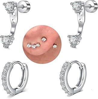 MODRSA Silver Gold Cartilage Earring for Women Hypoallergenic Flat Back Earrings Threadless Helix Earring Tragus Studs 6mm Cartilage Jewelry Flatback Surgical Steel Butterfly Heart Earrings for Women