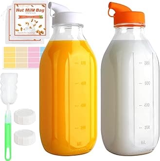 CARBLIN 32 Oz Glass Milk Bottles, 2 Pack Scale Mark Drinking Jug with 2 Nut Milk Bags& Airtight Screw Lid & Silicone Pour Cap& Stickers, 1 Quart Reusable Juice Bottle Water Pitcher for Coffee Yogurt