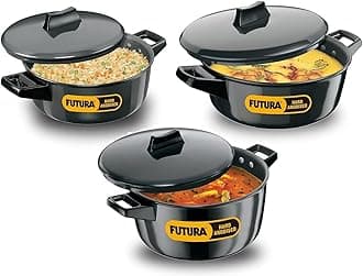 Hawkins Futura Hard Anodised Aluminum Non-Stick Cook-N-Serve Bowl with Hard Anodised Lid,-3 Pcs Set, Black (2,3 and 5 Litre)