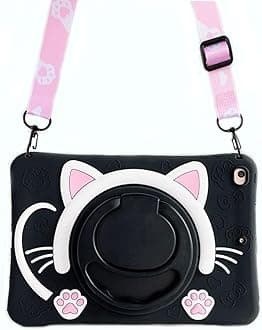 Tablet Case for Samsung Galaxy Tab A8 10.5 inch 2022 Model (SM-X200/X205/X207) Cover with 360° Swivel Stand/Handle Grip/Shoulder Strap,Shockproof Silicone Cover 3D Lovely Cat Case(Black)