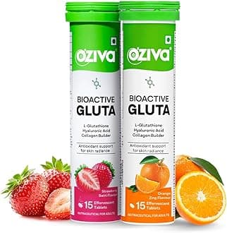 OZivaBioactive Glutathione Tablets for Radiant Skin - 30 Effervescent Tablets (Pack of 2) | L-Glutathione, Vitamin C, Lycopene For Skin Glow & Anti-Pigmentation | Strawberry Swirl and Orange