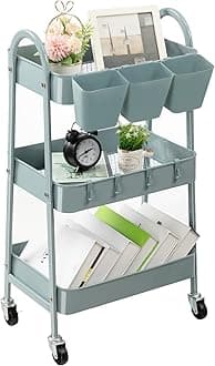 3-Tier Rolling Cart, Utility Cart Mobile Metal Rolling Storage Cart with Lockable Wheels & Hanging Cups & Hooks for Kitchen, Bathroom, Office, Workshop, Gray Blue