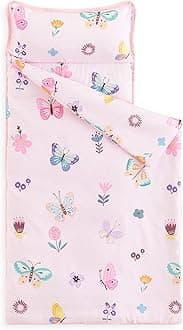 Toddler Nap Mat with Pillow and Blanket, for Kids Girls in Kindergarten Daycare Preschool Pre K, Roll Up Sleeping Bag, Cute Butterfly Flowers, Pink, Standard