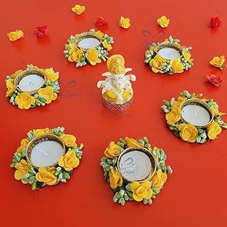 6 pc Yellow Diwali Decorative Handmade Tea Light Candle Designer Diyas with Ganesha Idol - Deepak, Candles, Home Decoration for puja Festival New Year Ganesha Chaturthi