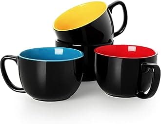 TeoceraBlack Multi Color Latte Mugs Set of 4-16 oz Porcelain Coffee Cups with Handle, Large Cappuccino Mugs for Hot or Cold Drinks - Smooth Ceramic with Modern Design, Unique Christmas Gift