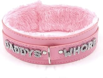 paloli Women Pink Leather Choker Necklace, Punk Gothic Black Fluffy Name Letters Collar Leash Neck Jewelry