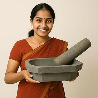 EZAHK Kalvam Unpolished Stone Mortar and Pestle Set | Natural Okhli Masher Khalbatta | Big Size 1 Feet | Handcrafted for Herbs, Spices, Kitchen & Home Decor | Traditional Stone Grinder