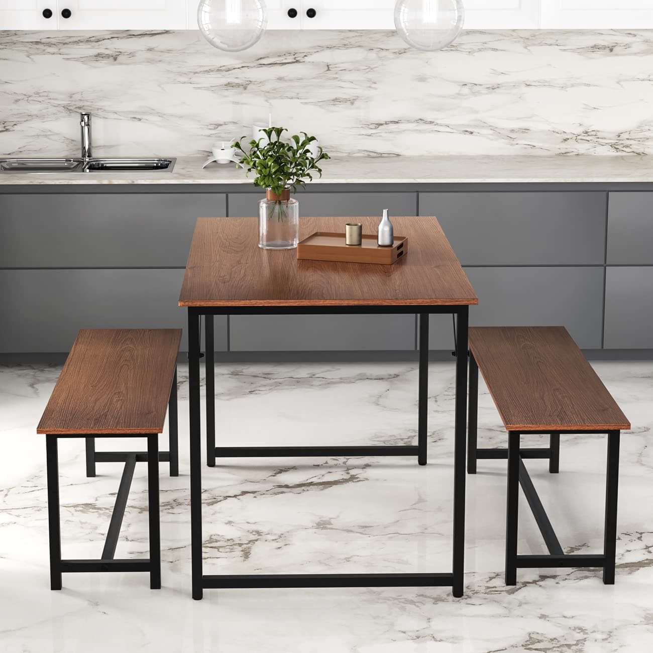 Dining Room Table Set with Two Benches, 3 Piece Kitchen Table Set Wooden Tabletop Sturdy Metal Frame for Home, Kitchen, Dining Room, Small Space (Brown)