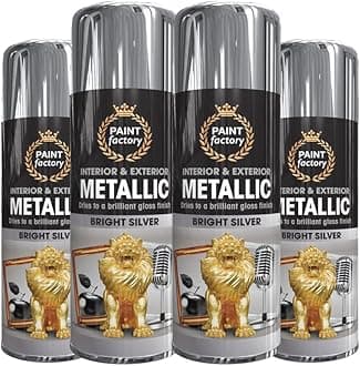 4 x Metallic Bright Silver Spray Paint 400ml Multi-Purpose Use, Spray for Metal and Wooden Furniture, Ornaments, Decorative Items and Much More for Interior & Exterior
