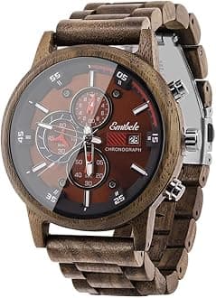 Men's Wooden Watch, Date Display Chronograph Quartz Wrist Watch, 3 Sub-dials Handmade Lightweight Luminous Watch, Walnut/Ebony/Sandalwood/Zebrawood
