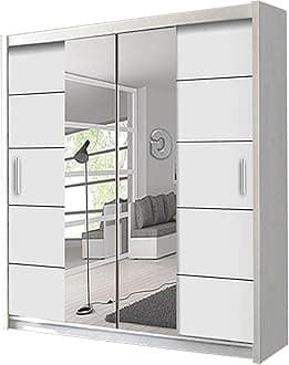 Oslo 203cm White Sliding Wardrobe with LED Lighting, Mirrored Doors, Adjustable Shelving, Contemporary Design(White, 203)
