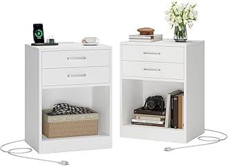 Nightstands Set of 2,White Night Stand with Charging Station & Drawers,Night Stands for Bedrooms Set of 2