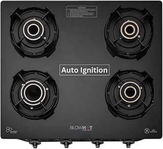 BLOWHOT Auto Ignition Premium Design 4 Tornado Brass Burner Gas Stove Emerald - Toughened Glass Cook Top Burner, Gas Stove Valve And Glass - 2 Years Warranty By BLOWHOT 1 Year General Warranty