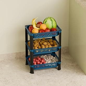 Multipurpose Plastic Storage Rack for Kitchen, Onion Potato Sabji, Fruit Corner Storage Stand Basket, Folding Rack, Countertop Kitchen Organizer Cart, Trolley Rack (3 Layer, Blue)