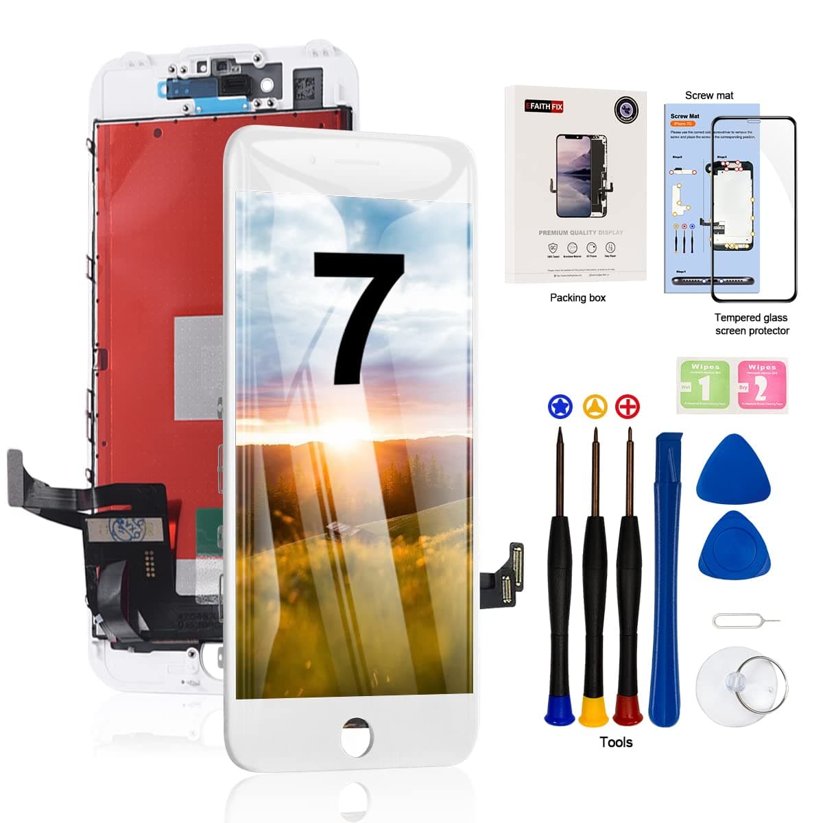 for iPhone 7 LCD Screen Replacement White 4.7 Inch Frame Assembly Display 3D Touch Screen Digitizer with Repair Tools Kit Tempered Glass Screen Protector for A1660, A1778, A1779 (White)