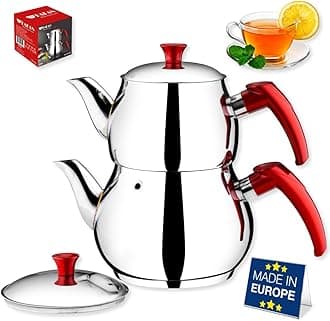 Teapot Set with Self Strainer Double Lids, Stainless Steel Mini Double Bondy Tea Pot Set, Turkish Samovar Style, Tea Kettle for Loose Leaf Tea with Bakelite Handle | 0.84 + 1.26 Qt.