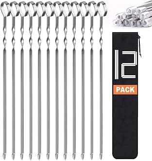 Kabob Skewers Flat Metal BBQ Barbecue Skewer 35.5cm Long Stainless Steel Shish Kebob Sticks Wide Reusable Grilling Skewers Set for Meat Shrimp Chicken Vegetable, 12 Pack