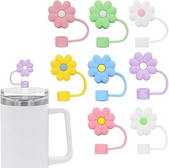 4Pcs 0.4in Diameter Cute Silicone Straw Covers Cap for Stanley Cup, Dust-Proof Drinking Straws Reusable Straws Tips Lids (8 PCS Flower Straw Covers)