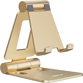 Nulaxy Dual Folding Cell Phone Stand, Fully Adjustable Foldable Desktop Phone Holder Cradle Dock Compatible with iPhone 17 16 15 14 13 12 11 Pro Xs Xs Max Xr X 8, Nintendo Switch, All Phones - Gold