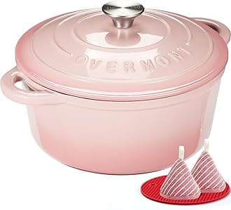 Overmont 6.6L Enamelled Cast Iron Round Casserole Pot With Lid Cookbook & Cotton Potholders - Non-stick Dutch Oven Cookware for Braising, Stews, Roasting, Bread Baking - Pink, 28cm