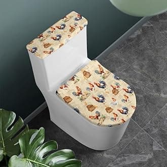 Retro Rooster Toilet Lid Tank Dust Cover Farm Animals Chicken Toilet Covers 2PCS Set with Elastic Bottom Funny Cartoon Rooster Hen Home Bathroom Decor Machine Washable