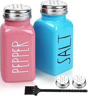 2 Pack Salt and Pepper Shakers Set, Glass Salt Shaker with Stainless Steel Lid, Modern and Cute Farmhouse Salt and Pepper Set (Pink and Blue)