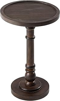 Traditional Rustic Pedestal Table, Round Tray Top End Table with Farmhouse Style Distressed Finish for Small Spaces, Dark Brown