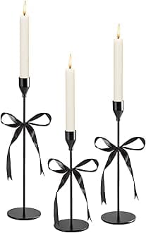3Pcs Black Bow Taper Candle Holders with Ribbon Black Bows Candlestick Decoration Bows Candle Stick Holders Set Centerpieces for Table Mantel Wrapping Wedding Bridal Shower Coquette Party Supplies