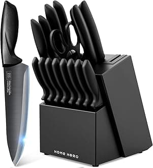 Kitchen Knife Set with Sharpener - High Carbon Stainless Steel Knife Block Set with Ergonomic Handles (16 Pcs - Black)