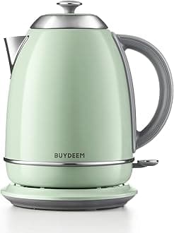 BUYDEEM K640 Stainless Steel Electric Tea Kettle with Auto Shut-Off and Boil Dry Protection, 1.7 Liter Cordless Hot Water Boiler with Swivel Base, 1440W, Cozy Greenish