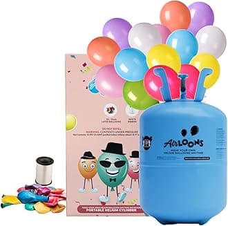 Airloons Jumbo Helium Tank Kit with 50 Mixed Latex Balloons, Ribbon | Disposable Helium Tank | Portable Balloon Pump for Weddings, Birthday Decorations Ramadan Decor, Eid Decor