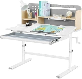 COSVALVE 39in Wide Adjustable Height Kids Desk with Tilting Desktop, Steel Frame, Drawer, and Bookshelf Hutch, Study Child Table for Ages 3-12, Grey