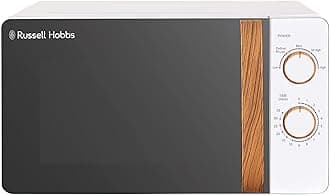 Russell HobbsRHMM713 17 L 700 W Scandi Compact White Manual Microwave with 5 Power Levels, Wood Effect Handle & Dials, Timer, Defrost Setting, Easy Clean