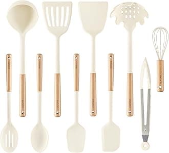 CAROTE 10PCS Kitchen Utensils Set, Silicone Cooking Utensils Set with Wooden Handle for Nonstick Cookware Set, Larger, White
