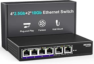 10Gbe Ethernet Switch Unmanaged with 2 x 10Gb RJ45 Ports + 4 x 2.5Gb Base-T Ports, Desktop/Wall Mount NICGIGA 6 Port 10Gbps Network Switch for Wireless AP, NAS, PC