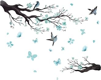 Watercolor Blue Flower Wall Stickers,Removable DIY Romantic Blossom Bird Tree Branch Wall Murals 3D Wall Art Stickers Home Decor for Gilrs Bedroom Nursery Rooms Living Room